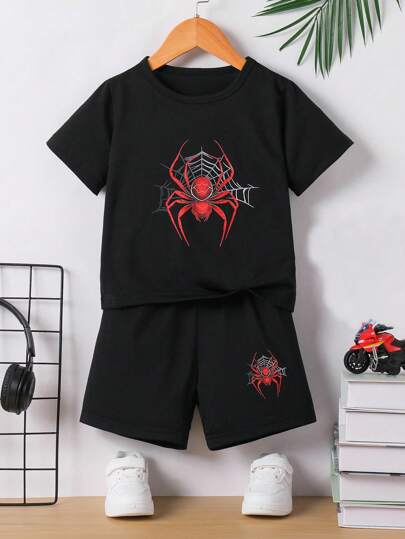 2pcs/Set Young Boy Fashionable Casual Cute Spider Graphic Soft Round Neck Short Sleeve Tee And Shorts Set, Summer