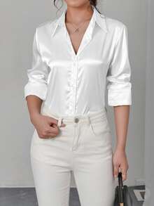 Women Elegant Turndown Collar Front Button Faux Silk Satin Long Sleeve Blouse, Solid Color, Suitable For Daily Commuting - White - View 5