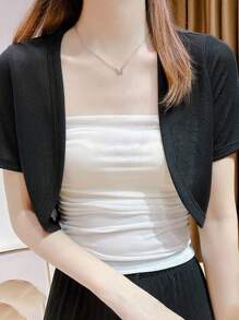 1pc Lightweight Silk Ice Chiffon Cardigan, Versatile & Elegant Design, Long Sleeve Thin Knitted Cover Up For Spring & Summer