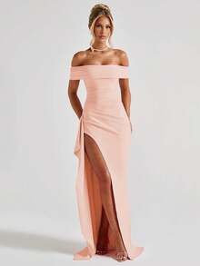 Sexy Off Shoulder Slit Elegant Fitted Long Dress, Super Long Formal Gown For Weddings, Bridesmaid Dress, Christmas Party Dress, Cocktail & Formal Gown - Coral Pink - View 7