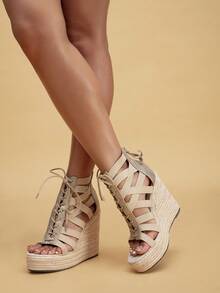 Platform Thick Bottom Waterproof Wedge Rope Roman Sandals - Gold - View 1