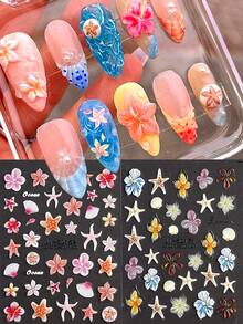 2 张 5D 浮雕海洋生物美甲贴纸自粘贝壳海星指甲贴花夏季海洋主题指甲设计贝壳柠檬夏威夷花朵美甲滑块女士 DIY 美甲装饰 - 彩色 - 查看 8