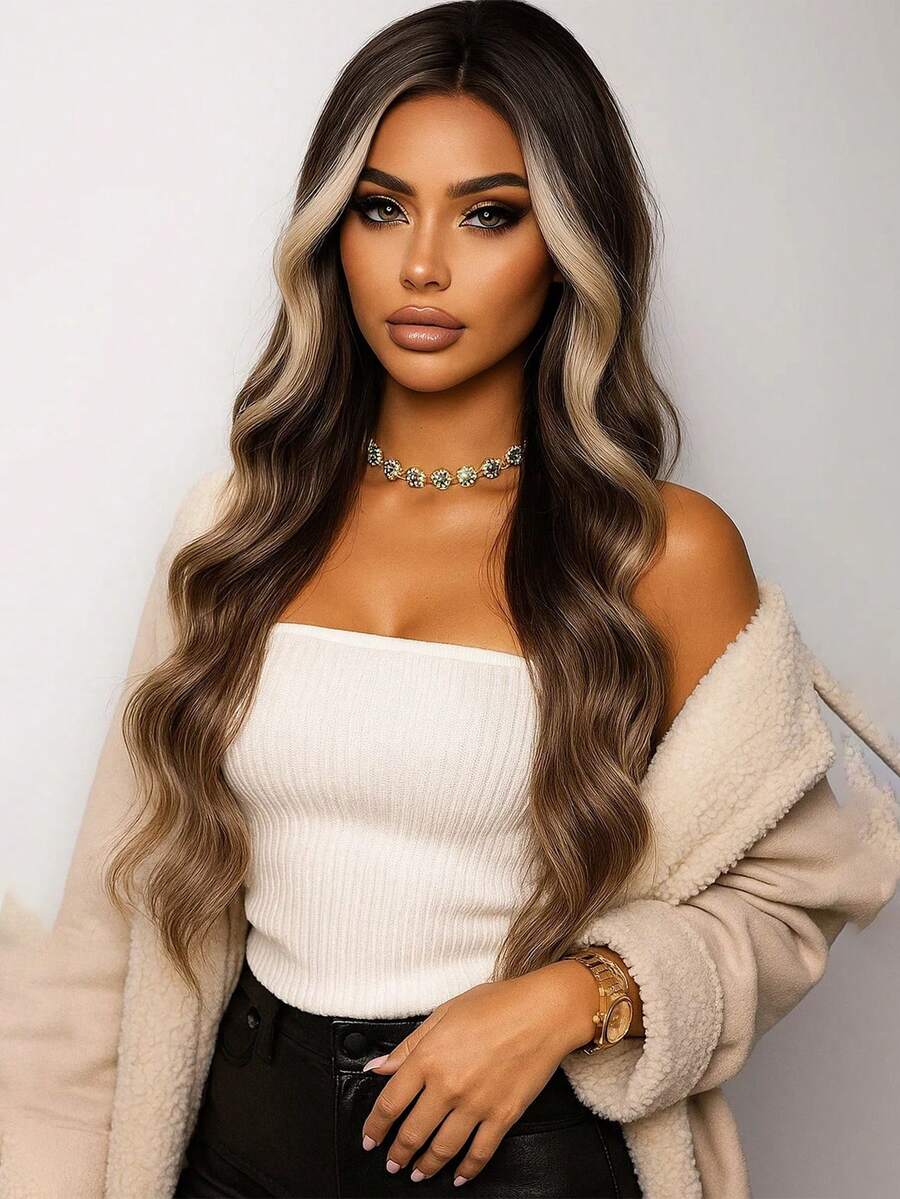 SMILCO 24 Inches, Brown Color With Highlights, Curly, Middle Parting, No Bangs, High Temperature Silk, Rose Inner Net, Lady's Wig, Suitable For Daily Wear - Brown Highlight - View 1