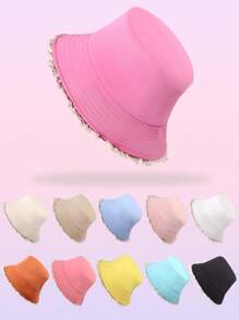 1pc Solid Color Dopamine Lace Patchwork Bucket Hat, Simple Versatile Stylish Fashion Casual Sun Protection Travel Beach Hat