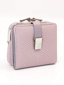 Cartera de mujer de tejido de paja corto, suave PU con broche a presión, diseño minimalista, ligero y compacto, elegante, adecuado como regalo de vacaciones para mujeres, cartera, monedero, cartera linda, cartera pequeña