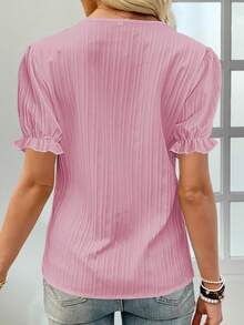 Spring/Summer Casual Solid Color Spliced Lace Trim Puff Sleeve Shirt - Pink - View 2