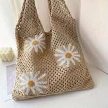 1pc Fashionable Contrast Color Jacquard Daisy Pattern Hollow Out Crochet Knitted Tote Bag, Minimalist Floral Design Shoulder Bag For Summer, Large Capacity Open Beach Bag, Suitable For Women Shopping, Casual, Holiday Travel, Great Gift For Her