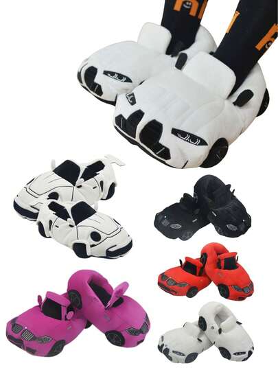 Pantuflas de felpa con diseño de coche de carreras para hombres y mujeres - Chanclas muy suaves y esponjosas con suela antideslizante, pantuflas de animales lindas para interiores/exteriores, regalos divertidos para gamers, conductores, adultos - Lavables a máquina