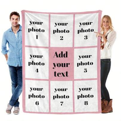1pc Customized Photo Blanket With Text, Personalized High-Definition Digital Printed Flannel Quilt, Quilted Craftsmanship, Stain-Resistant, Machine Washable, Suitable For All Seasons, Versatile Use, Perfect Gift For Parents, Couples, Spouses, Also Ideal For Christmas Gifts And Christmas Decorations. Breathable, Lightweight, Washable, Fun, Cute, Heartwarming, Soft And Comfortable, Elegant And Simple, Customizable, Personalized, Unique, Ideal Gift For Him