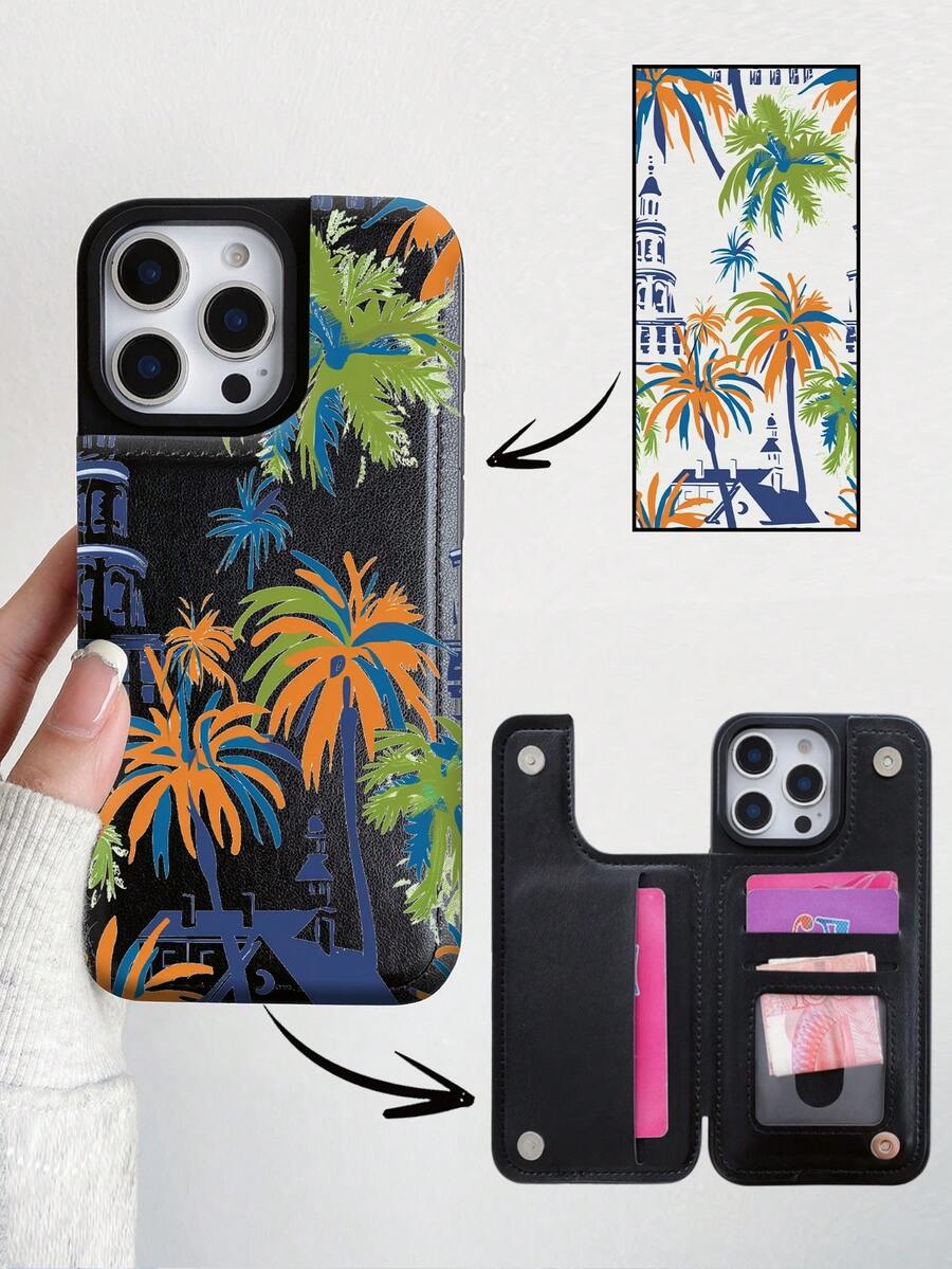 1 pieza Funda de teléfono móvil multifuncional con palmera, edificios y patrón colorido que puede almacenar tarjetas de crédito, tarjetas bancarias y monedas, adecuada para todos los modelos de teléfonos móviles Apple, puede usarse para los modelos 11/12/13/14/15/16/Pro/Plus/Pro Max/16e - Negro - Ver 1