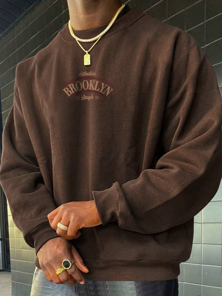 男士字母印花修身休闲抓绒圆领卫衣