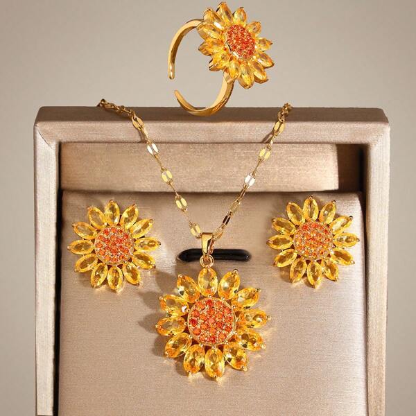 Set de 4 piezas [Aretes, Collar, Anillo] de joyería para mujer con diseño de girasol, de aleación de cobre con piedras de zirconia, elegante y de moda, adecuado para uso en playa, fiestas y como regalo de graduación