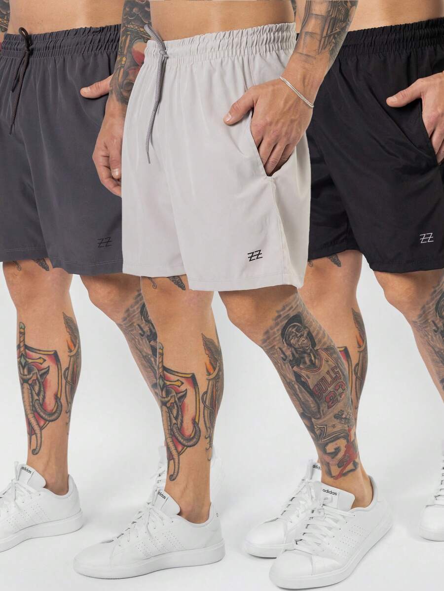 Kit 3 Men's Shorts Gym Beach Training Running - 黑色/灰色/鉛色 - 查看 1