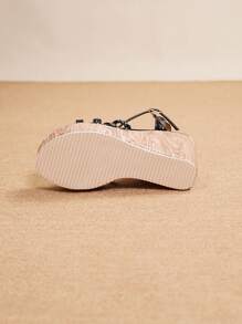 Women's Platform Wedge Sandals, Thick Sole Sandals, Hemp Rope Flats, Suitable For All Seasons, Vacation, Party, Casual, Beach, Wooden Texture Elegant Beach Holiday Buckle Sandals