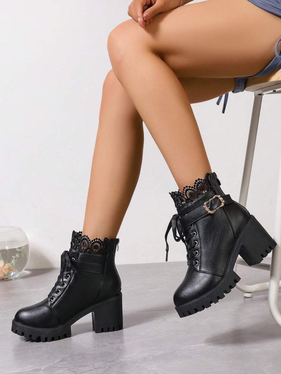 复古系带踝靴，粗跟，性感厚底，仿皮，高帮鞋，粗跟高帮女鞋，时尚黑色粗跟踝靴，高跟鞋，秋冬高跟黑色踝靴，粗跟防水厚底系带踝靴，厚底系带后拉链高跟鞋雨靴，粗跟浅口鞋，黑色高跟靴，圆头成熟性感舒适不疲劳百搭秋冬女鞋，性感增高踝靴，时尚粗跟女鞋 - 黑色 - 查看 1