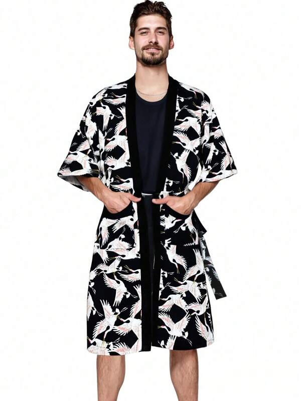 Herren vintage chinesischer Hanfu Stil Robe, traditioneller Kranich Muster mittellanges Farbblock Offene Strickjacke, leichter Strandüberwurf Kimono Robe, 3/4 Ärmel atmungsaktive lose mit Gürtel Nachtwäsche Loungewear