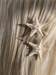 1pc/2pcs Summer Ocean Style Hair Clips, Beach Shell & Starfish Retro Fresh Sweet One-Piece Hairpin Barrette, Suitable For Daily Wear, Beach Vacation - Beige - View 1