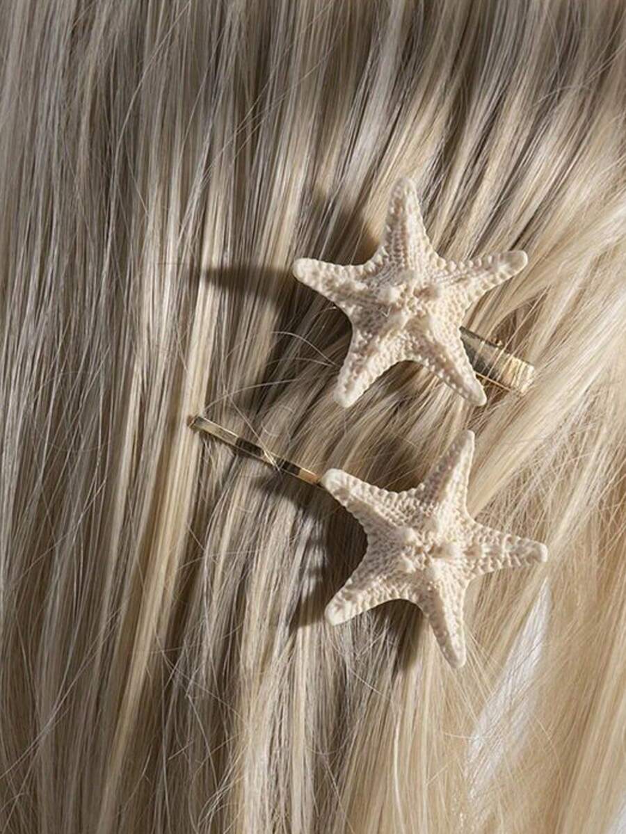 1pc/2pcs Summer Ocean Style Hair Clips, Beach Shell & Starfish Retro Fresh Sweet One-Piece Hairpin Barrette, Suitable For Daily Wear, Beach Vacation - Beige - View 1
