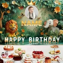 Photo personnalisée, nom ou affiche imprimée sur commande, lion et éléphant de la forêt du monde, décoration de fête d'anniversaire, décoration de table de gâteau d'anniversaire, accessoires de photomaton, plusieurs options de taille