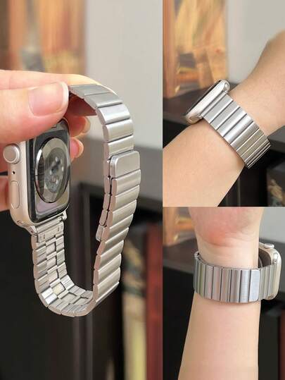 1条银色磁性不锈钢金属表带，兼容 38mm/40mm/41mm/42mm/44mm/45mm/49mm/46mm型号，适用于Ultra/SE/S10/S9/8/7/6/5/4/3系列，男女通用，佩戴舒适，优雅时尚，适合所有季节。