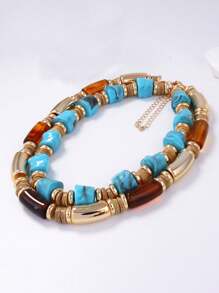 1 pieza Collar de doble capa de segmentos de bambú vintage exagerado personalizado, accesorio de joyería de uso diario casual para mujeres
