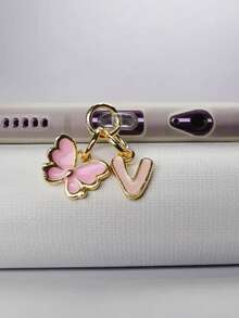 1pc创意粉色蝴蝶字母/欧式26个大写字母缩写/手机防尘塞/装饰/挂件/吊坠/手机挂钩/精致/节日使用保护您的设备/适用于Type-C/Lighting（5-14）型号 - 粉色 - 查看 41