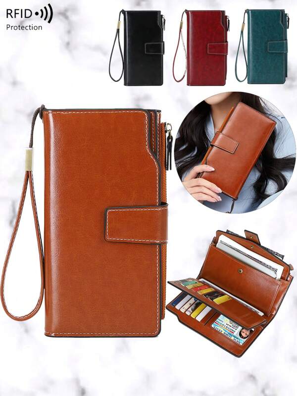 Cross-Border RFID Blocking Women's Long Wallet, Vintage Oil Wax Leather Clutch Purse, Large Capacity European And American Style For Women Wallet Mini Wallet Purse Wallet Wristlet Wallet