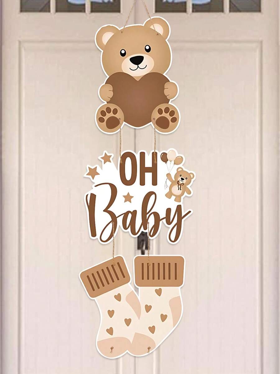 1set Brown Bear OH Baby Baby Shower Theme Paper Door Hanging Decoration, Cute Brown Bear Pattern For Babe Shower & Gender Reveal Theme Party Door Decoration, Gender Revelation Party Paper Door Hanging Decoration, Creative Gift 1st Birthday Party Background Door Hanging Decor, Babe Shower Photography Decoration Supplies, Baby Shower Gift, Gender Reveal Decoration - Brown Bear Oh Baby - View 1
