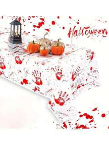 2 piezas 72*54 pulgadas Mantel de mesa con estampado de huellas sangrientas de Halloween, decoración de mesa sangrienta de Halloween, centro de mesa para mesa de comedor, mantel rectangular de zombi sangriento, adecuado para Halloween, fiesta de terror, casa embrujada, decoración, broma del Día de los Inocentes - Multicolor - Ver 5