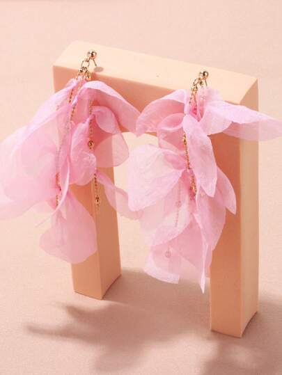 1 Pair Pink Lace Chiffon Tassel Earrings, Suitable For Women Daily, Festivals And Party Wear