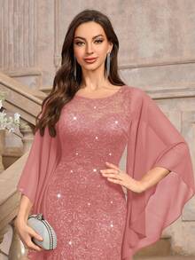 MIUSOL 优雅亮片花卉蕾丝蝴蝶袖网纱正式派对礼服，端庄女士长裙，适合婚礼宾客、毕业典礼、宴会等场合，也适合情人节春季穿着。 - 藕粉色 - 查看 11