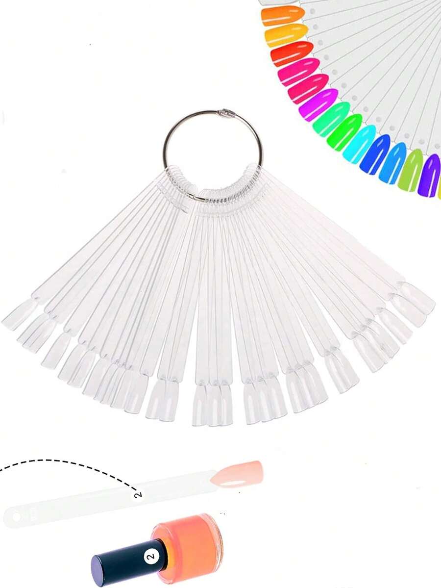 50pcs Square Nail Polish Color Card Sticks With Metal Ring, Transparent Fan-Shaped Color Card Sticks, Nail Salon Supplies (Square), For Nail Art Practice