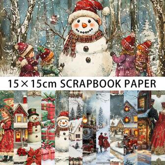 12/24/36 PIEZAS Bloc de papel con diseño de muñeco de nieve vintage de invierno, 5.9*5.9 pulgadas con estampado a una cara de tartán rojo navideño y temática victoriana de invierno, para manualidades de scrapbooking, tarjetas, empaques, álbumes de fotos, decoración y útiles escolares
