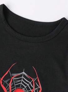 Set de 2 piezas de camiseta de manga corta con cuello redondo suave y estampado de araña, y pantalones cortos informales y lindos para niño, para el verano
