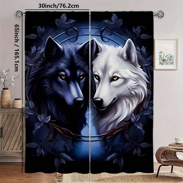 2pcs Set Of Black And White Wolf Head Pattern Semi-Transparent Curtains - Polyester Decorative Window Panels, Machine Washable, Rod Pocket Curtains For Bedroom, Living Room - Fashionable, All-Season
