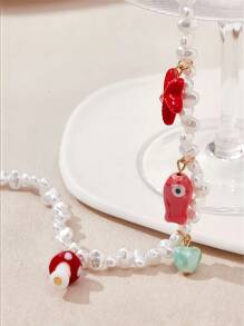 1 pieza Pequeño pez de cerámica, collar de perlas falsas con colgante de estrella de mar roja, adecuado para el uso diario de la mujer o para la playa