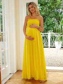 Joyfunear Váy bầu xếp ly viền trơn màu không tay, mùa hè - Màu vàng - Xem 5