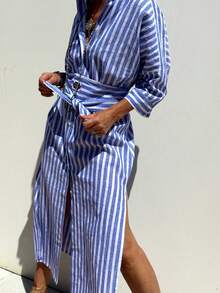 2025 New Women's Front Button Striped Long Shirt Dress, Adjustable Waistband, Machine Washable, Summer Outfits For Women - 藍色 - 查看 4
