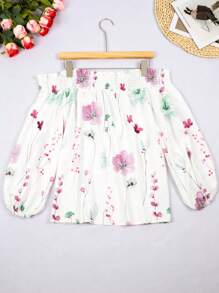 Plus Women's Printed One Collar Ruffle Edge Elegant Shirt Tops - Purple - View 3