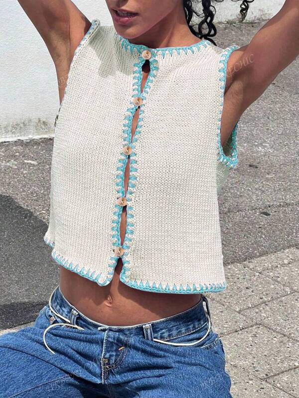 Cárdigan sin mangas de punto con contraste de color en los bordes, prenda de vestir ligera para mujer primavera/verano, casual, para ir al trabajo, de compras, a la playa, tiempo libre y sencilla, ropa de mujer para otoño, tops estilo Y2K, streetwear, punk