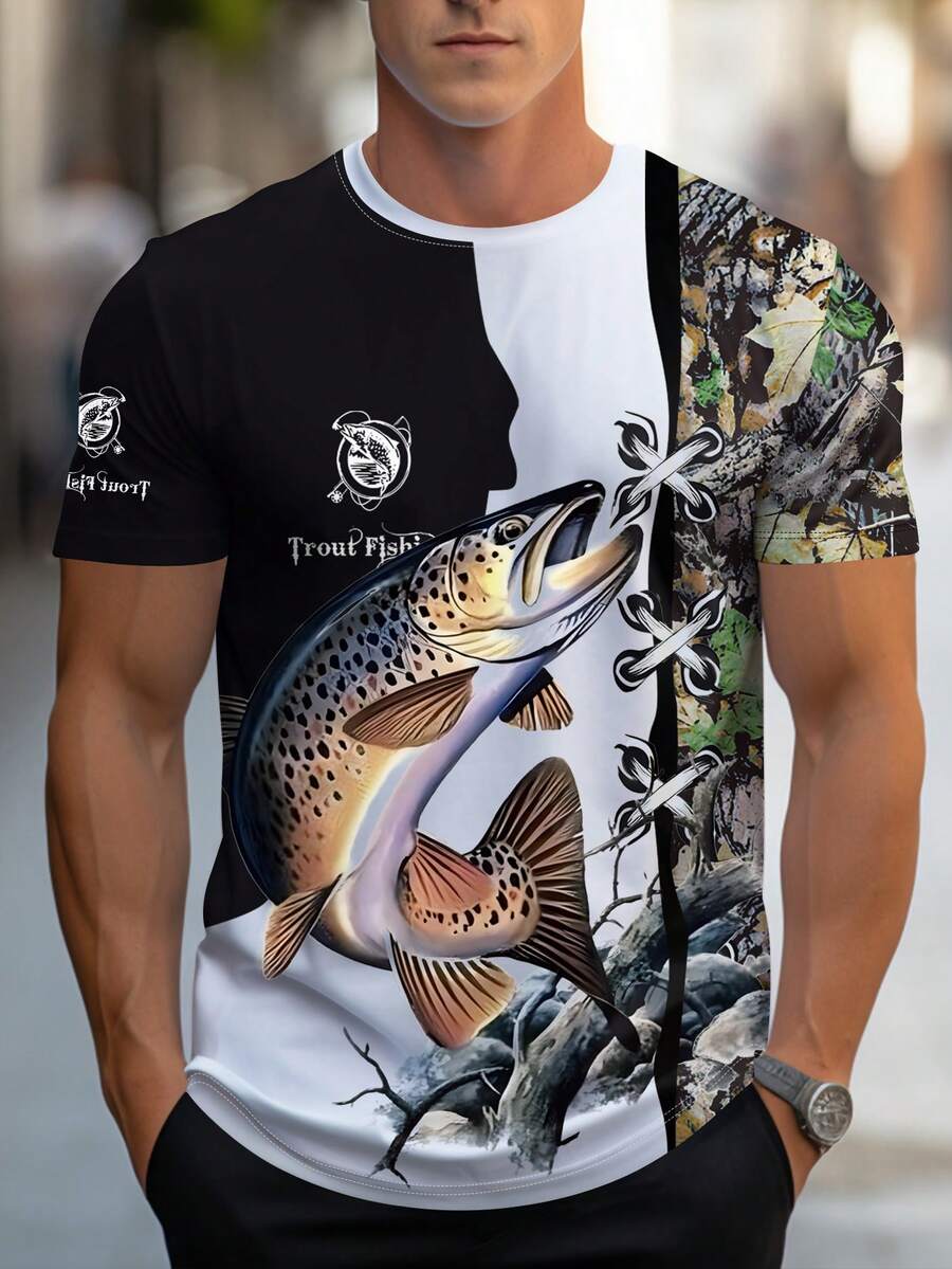 Men's 3D Fish Print Round Neck Short Sleeve T-Shirt, Casual Summer - Black - View 1