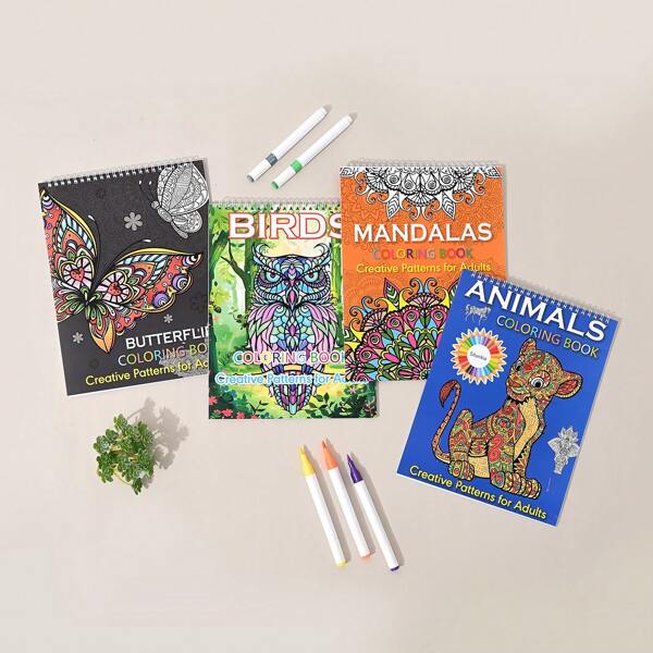 Livros de Colorir Hardcover com Padrões de Animais Mandala em Espiral e Desenhos Relaxantes para Colorir para Adultos 20 Folhas, Volta às Aulas, Materiais Escolares