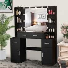 Dressing Table With LED Lights, Mirror, Drawers And Cabinets, Dressing Table Set – Large Dressing Table Set For The Bedroom – Black
