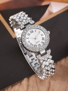 6 pièces/set Montre à quartz élégante pour femmes avec bracelet, boucles d'oreilles, collier et bague assortis aux multiples diamants et motif d'écailles romaines. Convient pour une utilisation quotidienne.