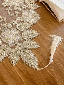 1 pièce Chemin de table semi-transparent exquis avec broderie florale 3D et perles, style élégant de palais européen romantique, broderie détaillée, convient pour la cuisine, la salle à manger, le salon, la maison, les fêtes, l'hôtel, le restaurant, le mariage, le banquet, les célébrations de fêtes, la décoration de table à manger, cadeau de fête, disponible en plusieurs tailles, décoration de table, décoration Eid, chemin de table, rectangle - Doré - Voir 8