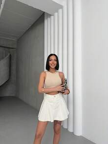 High-Waisted White A-Line Mini Skirt With Zipper, Button, And Pockets, Elegant Casual Look For Summer - Champagne - View 6