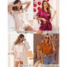 New  Silk Pajamas For Women Short Sleeve Satin Pajama Set 2 Piece Button Down Loungewear S-XXL - Champagne - View 4