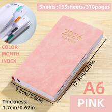 1pc A6 Size 2026 English Planner Book, 155 Sheets/310 Pages Daily Planner, Covering Jan 2026 To Dec 2026, PU Leather Soft Cover Notebook, Color Side Month Index, Applicable For Holiday Gifts, Birthday, And Daily Life Recording, School Supplies, Back To School