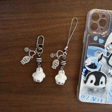 New Design Y2K Style, Cute Black & White Penguin Beaded Flocked Phone Lanyard, Phone Charm, Phone Accessory, Bag Charm, Keychain - Black and White - View 2