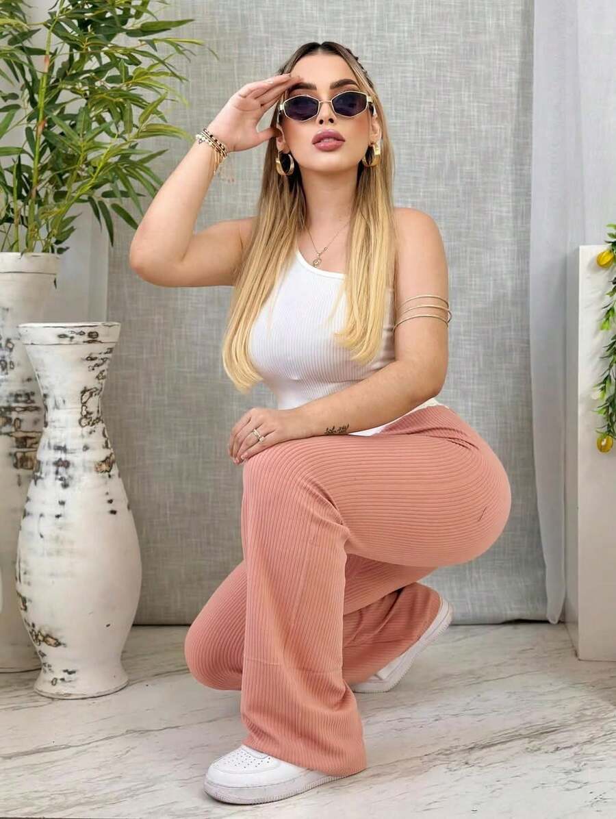 pantalon  Liso    Casual  Elegante    Nudo - Rosa coral - Ver 1